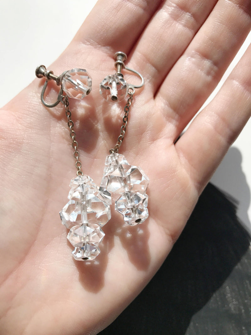 1920's silver clear crystal screw back earrings | rare antique Art Deco long dangly sterling earrings | rock crystal | bridal earrings