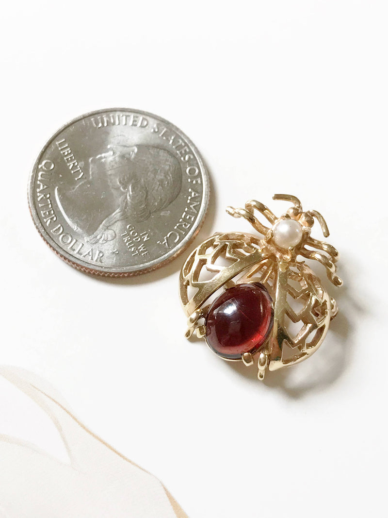 Vintage ladybug brooch | 14k gold garnet and pearl beetle pin | good luck animal jewelry | boho earthy ladybug bridal hair pin