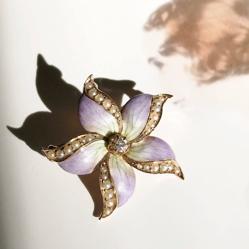 Antique enamel, pearl & diamond orchid gold necklace | Art Nouveau flower convertible pendant brooch | gift for her | floral bride necklace