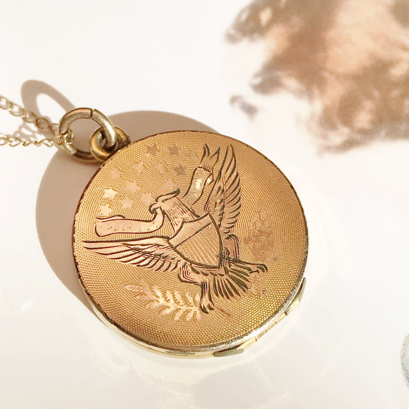 Antique WWI locket with eagle and religious medals | rare gold filled war military memoriabilia locket necklace | Mother Mary Jesus locket