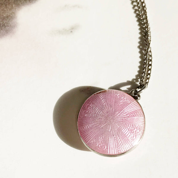 Vintage 1920's pink enamel rose flower silver charm necklace | guilloche pink enamel pendant | anniversary bridal flower girl jewelry