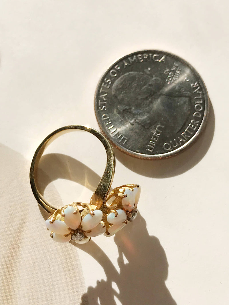 Vintage opal and diamond flower cluster 18k gold ring | retro 1960's toi et moi cocktail ring | bohemian bridal anniversary jewelry | size 5