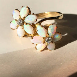 Vintage opal and diamond flower cluster 18k gold ring | retro 1960's toi et moi cocktail ring | bohemian bridal anniversary jewelry | size 5