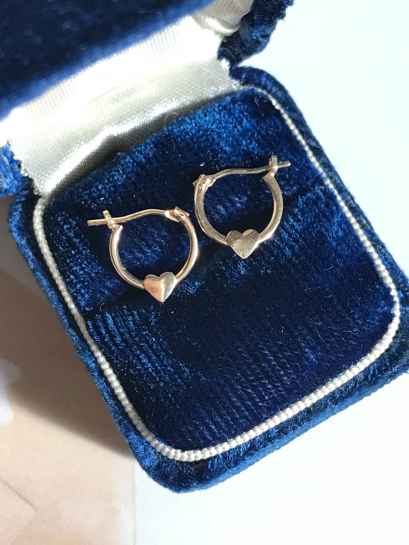 Vintage baby earrings | 14k heart hoop tiny dainty little girl child first pierced earrings | first birthday gift | small heart earrings