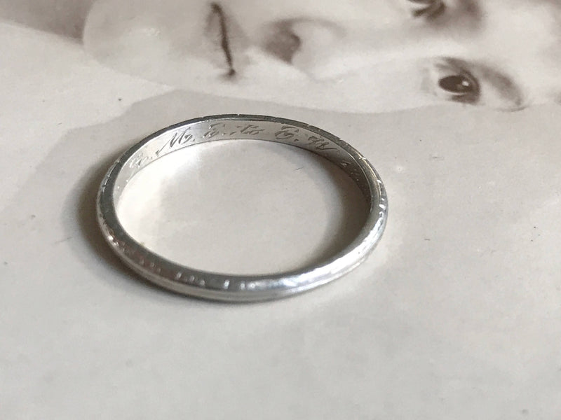 Antique 1930's platinum wedding band | Art Deco engraved Dec 28 1936 | thin dainty plain classic stacking band | size 6 1/4