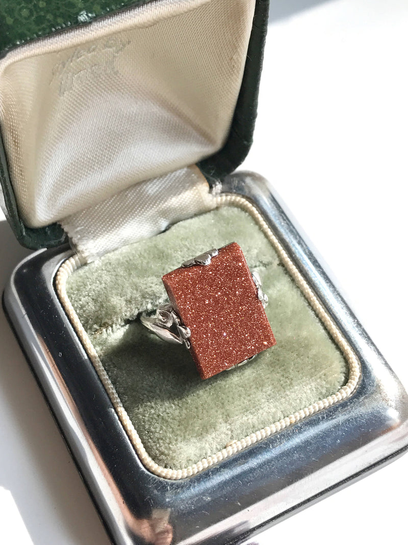 Vintage 1930's sterling goldstone ring | Art Deco rectangular orange coppery sparkly stone | romantic feminine statement ring | size 5 1/4