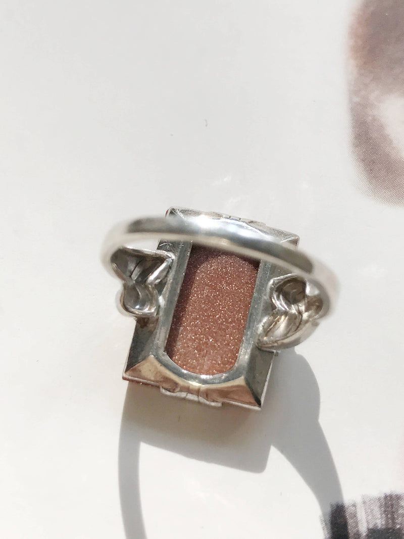 Vintage 1930's sterling goldstone ring | Art Deco rectangular orange coppery sparkly stone | romantic feminine statement ring | size 5 1/4