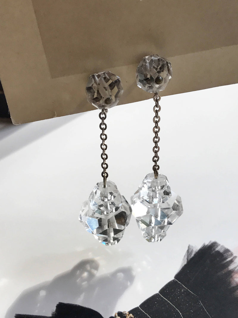 1920's silver clear crystal screw back earrings | rare antique Art Deco long dangly sterling earrings | rock crystal | bridal earrings