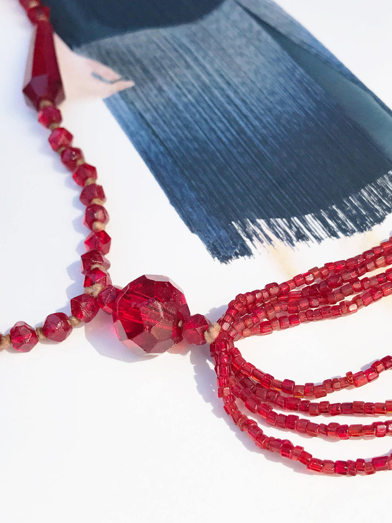 1920's Czech glass necklace | antique red sautoir long Art Deco flapper bead necklace | ruby red fringe bead roaring 20's jewelry