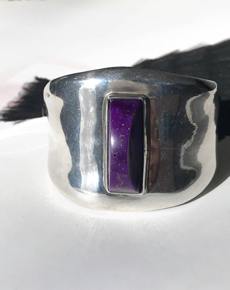 Vintage Mexican silver purple stone cuff | large statement TAXCO sterling silver cuff | Mexican Native American Southwestern modernist cuff