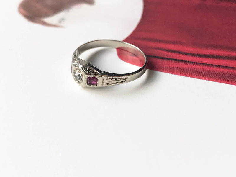 1920's diamond and ruby ring | antique 14k white gold Art Deco engagement promise ring | baby pinky midi ring | gift for her | sz 4