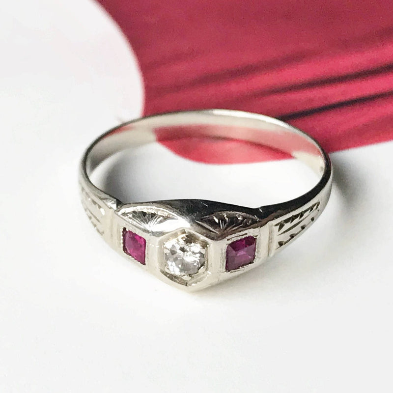 1920's diamond and ruby ring | antique 14k white gold Art Deco engagement promise ring | baby pinky midi ring | gift for her | sz 4