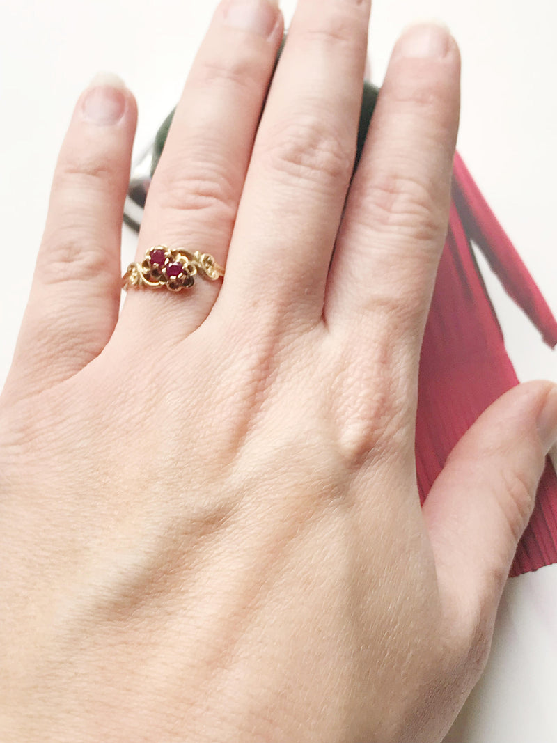 Vintage ruby flower ring | 14k two stone toi et moi bypass ring | Victorian style promise anniversary ring | size 6 | Mother's Day