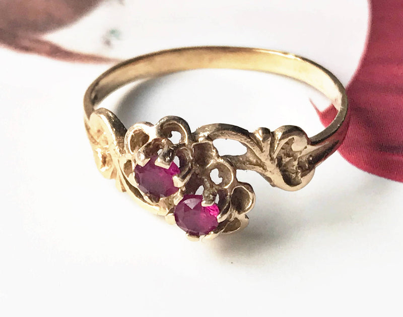 Vintage ruby flower ring | 14k two stone toi et moi bypass ring | Victorian style promise anniversary ring | size 6 | Mother's Day