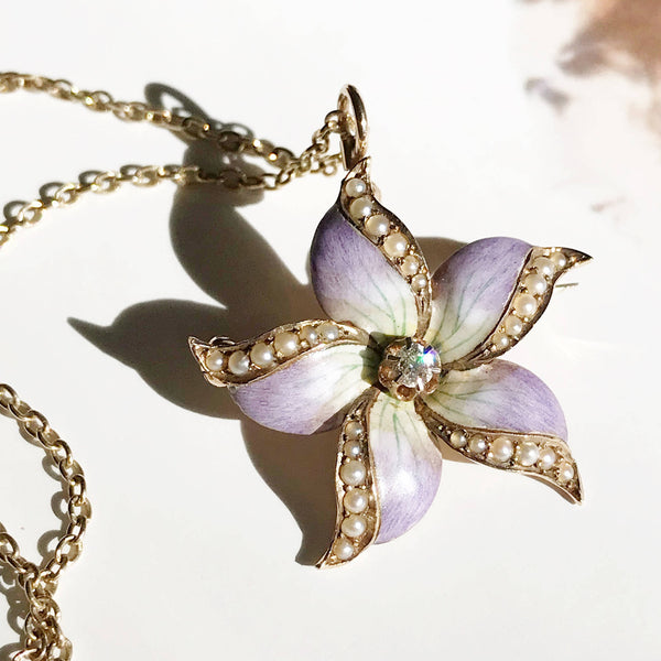 Antique enamel, pearl & diamond orchid gold necklace | Art Nouveau flower convertible pendant brooch | gift for her | floral bride necklace