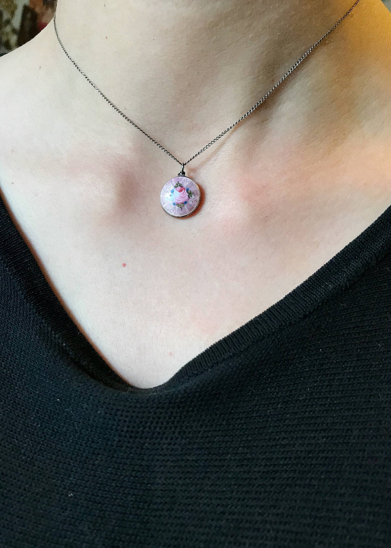Vintage 1920's pink enamel rose flower silver charm necklace | guilloche pink enamel pendant | anniversary bridal flower girl jewelry