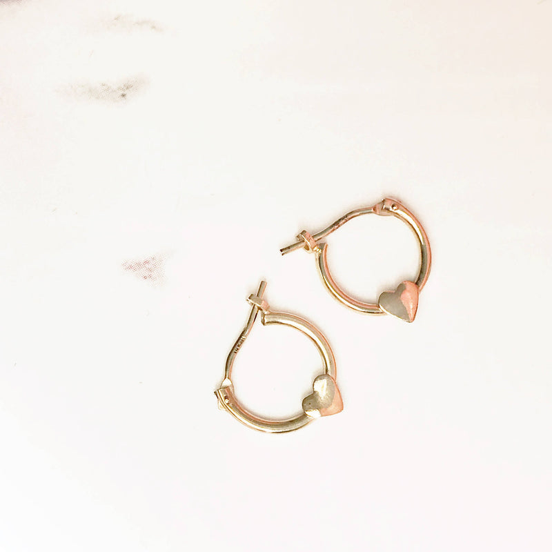 Vintage baby earrings | 14k heart hoop tiny dainty little girl child first pierced earrings | first birthday gift | small heart earrings