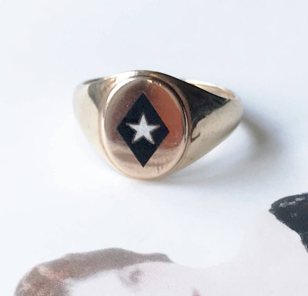 Vintage fraternity white star black diamond enamel ring | 1940's mid century 10k gold Phi Gamma Delta leadership signet ring | size 10.5