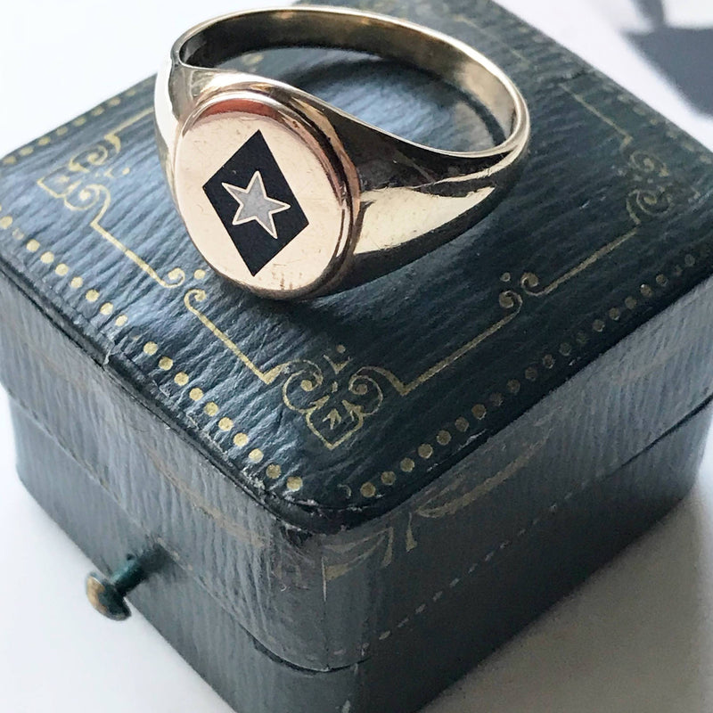 Vintage fraternity white star black diamond enamel ring | 1940's mid century 10k gold Phi Gamma Delta leadership signet ring | size 10.5