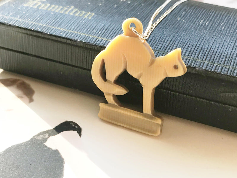 1920's celluloid cat charm necklace | early plastic Art Deco arched cat feline pendant | gift for cat lover | Bakelite style cat pendant