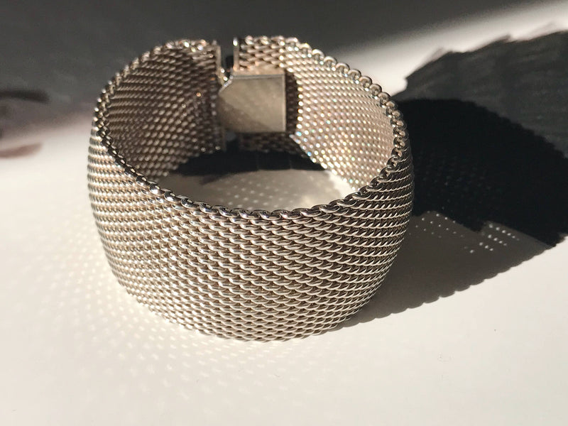Vintage sterling silver flexible cuff bracelet | modernist minimalist basketweave woven statement silver cuff | Tiffany Cartier style cuff