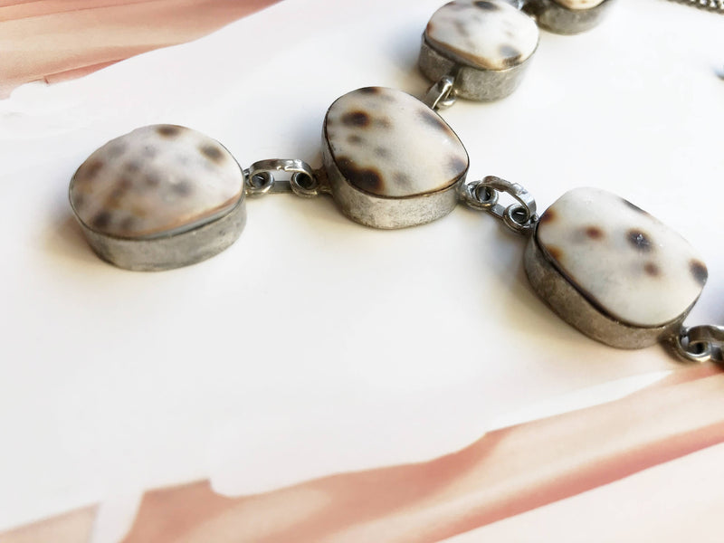 Vintage shell lavalier necklace | cream and brown sea shell silver tone drop Y necklace | beach bride wedding necklace | boho bride necklace