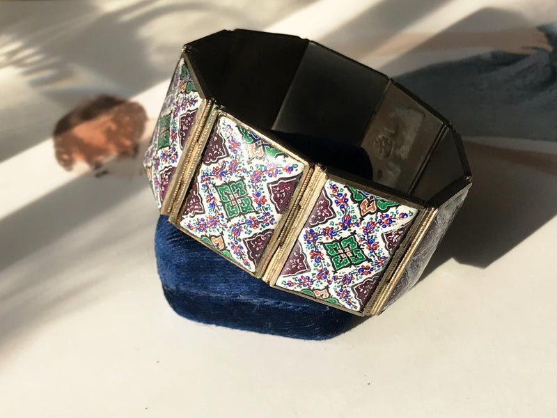 Vintage Moroccan porcelain tile panel bracelet | 1970's Mediterranean tile mosaic jewelry | purple and green painted tile statement bracelet
