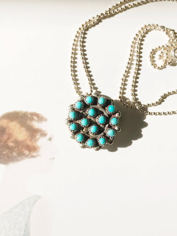 Vintage turquoise necklace pin | Circular Native American Zuni style 15 turquoise stone pendant brooch | Southwestern Old Pawn jewelry