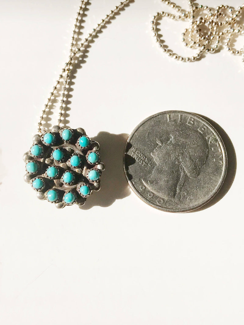 Vintage turquoise necklace pin | Circular Native American Zuni style 15 turquoise stone pendant brooch | Southwestern Old Pawn jewelry