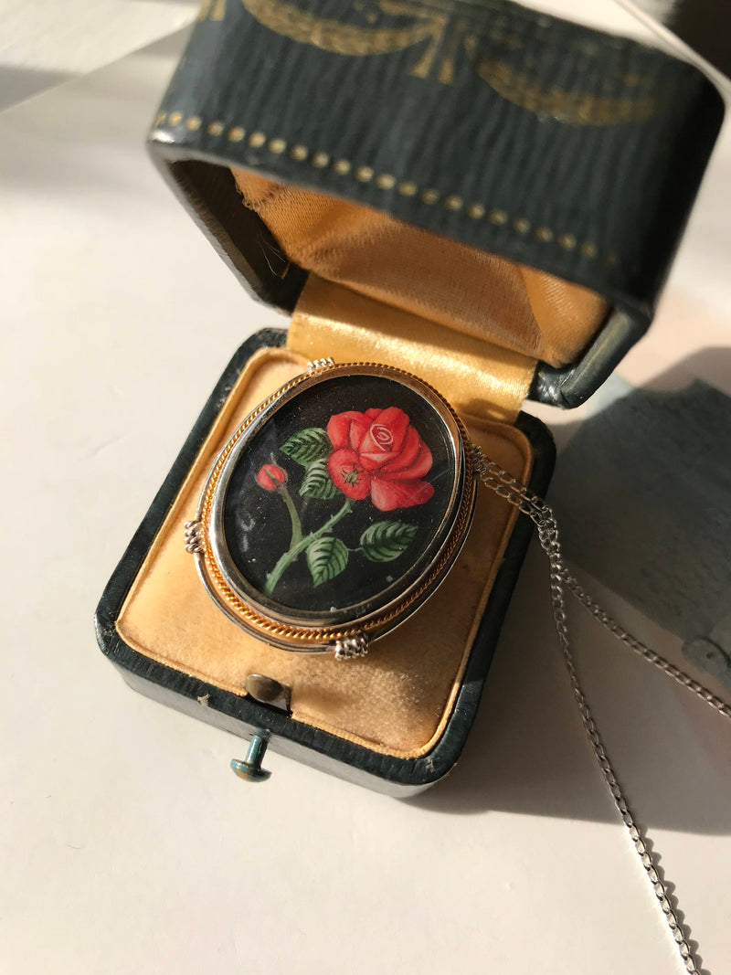 Vintage rose painting necklace | 1940's Italian 800 silver | hand painted flower pendant brooch | Art Deco romantic love bridal jewelry
