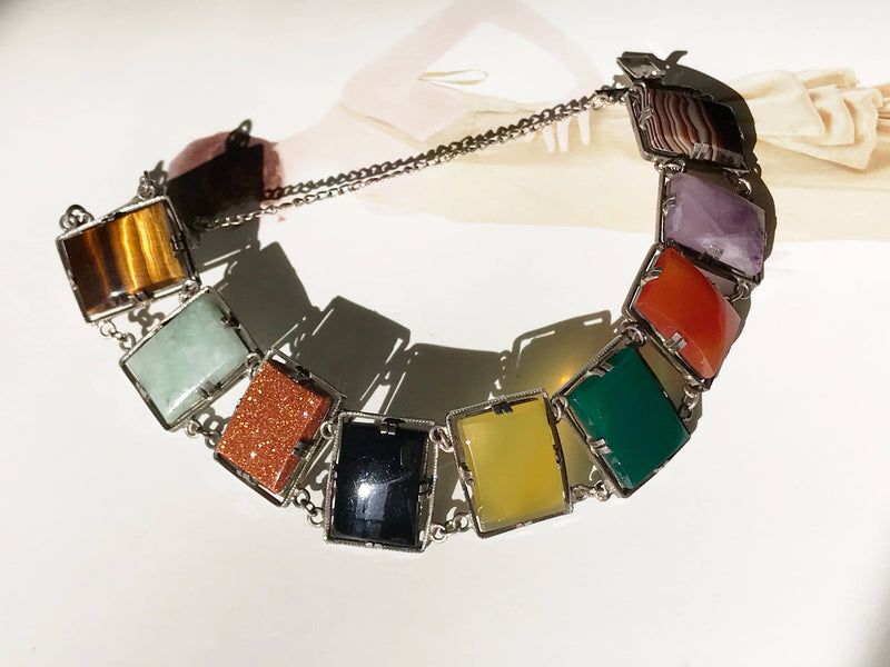 Vintage colorful stone silver panel bracelet | chalcedony, goldstone, agate, amethyst, carnelian, tiger's eye | 1940's late Art Deco