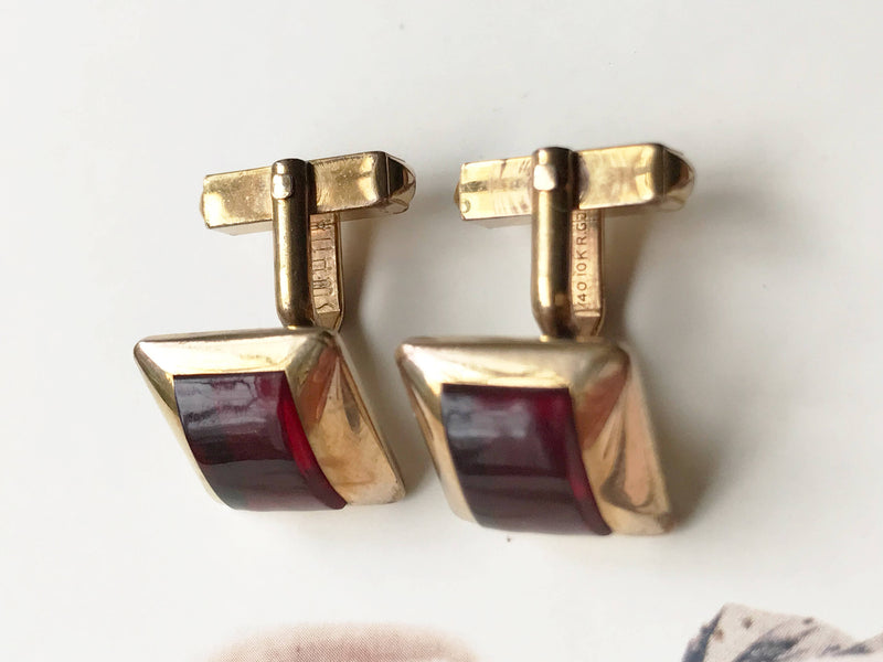 Vintage garnet glass cufflinks | Swank red stone gold filled mid century jewelry cuff links | gift for him best man | man anniversary gift