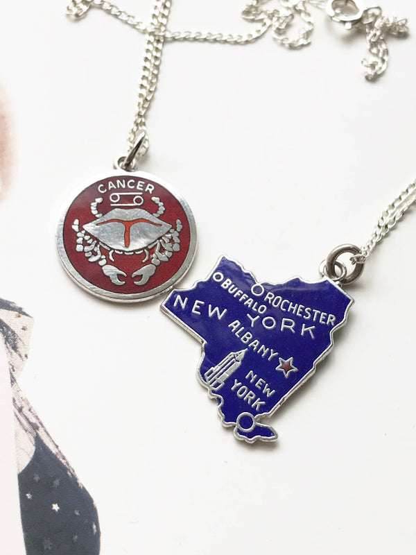 Vintage enamel charm necklace | New York state, Cancer zodiac vintage charms | gift for NY lover | blue red enamel charms | vintage charm