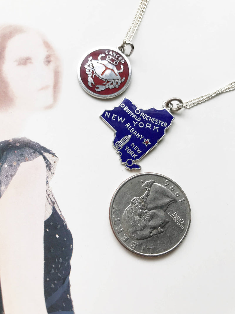 Vintage enamel charm necklace | New York state, Cancer zodiac vintage charms | gift for NY lover | blue red enamel charms | vintage charm