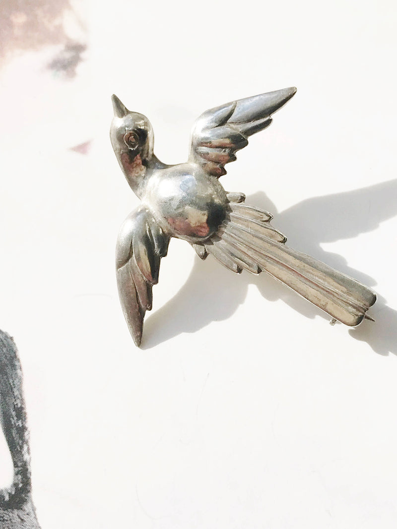 Vintage swallow bird pin | 1940's Art Deco sterling silver flying bird brooch | freedom, hope, love and loyalty animal pin