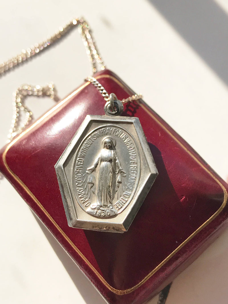 Art Deco miraculous medal locket necklace | 1930's sterling silver slide locket | Virgin Mary Immaculate Conception Catholic prayer necklace