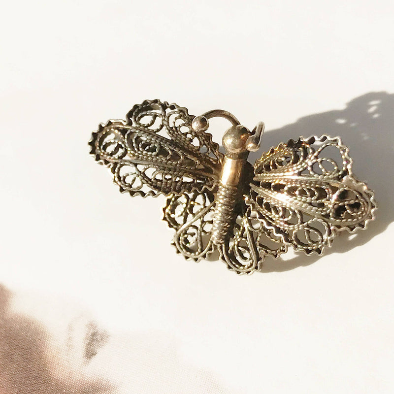 Antique butterfly pin | 1920's Art Deco small dainty cannetille filigree butterfly brooch | 800 silver gilt | change, hope, strength gift