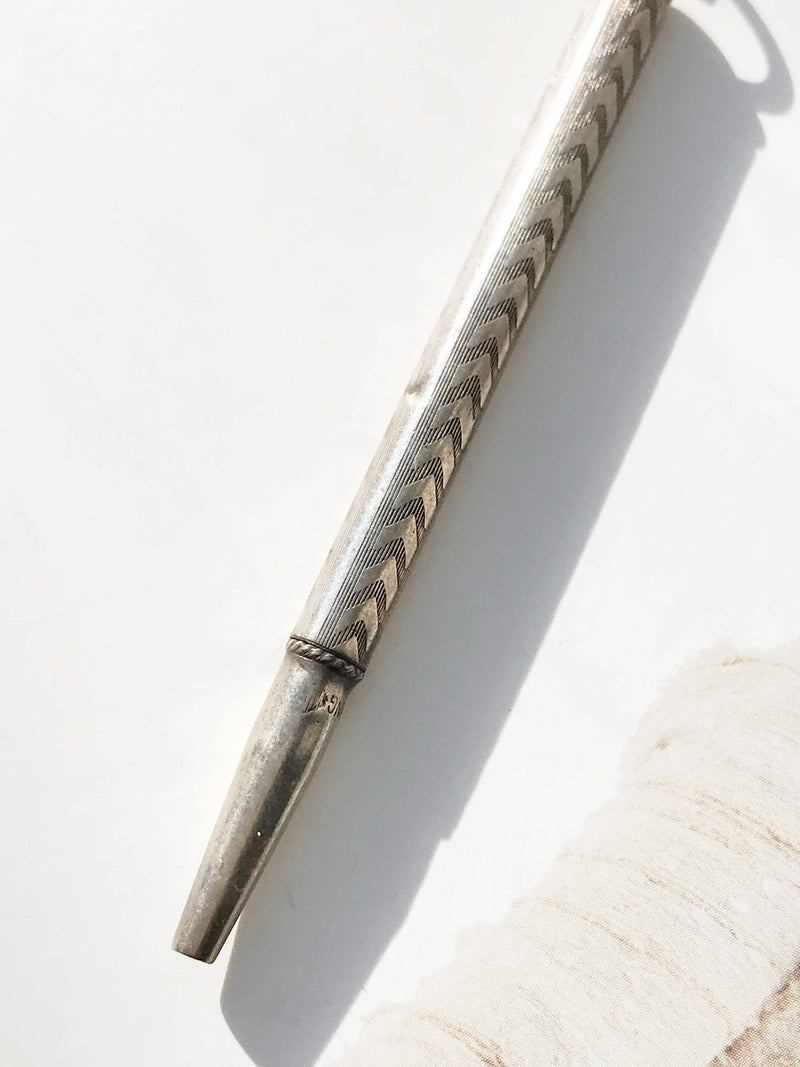 Antique chatelaine pencil necklace | silver mechanical pencil chevron pattern pendant | pencil necklace gift for teacher, author, writer