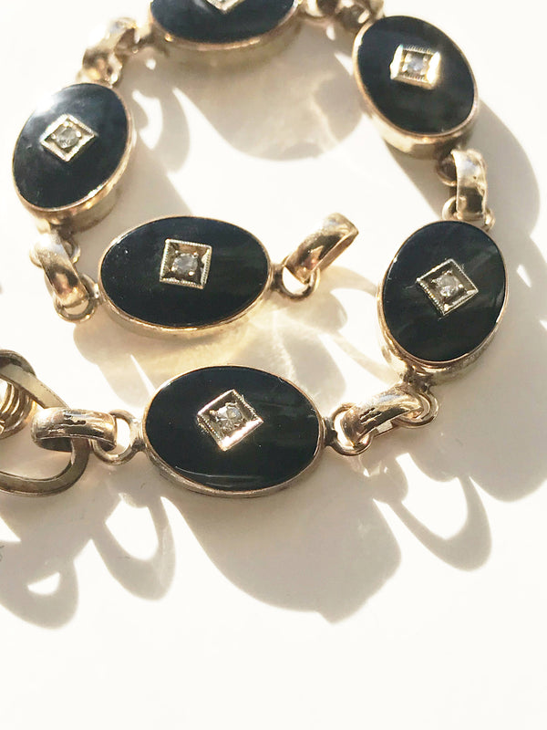 Art Deco onyx and diamond bracelet | 1930's gold filled link bracelet | alternative bride bracelet | black stone diamond bracelet