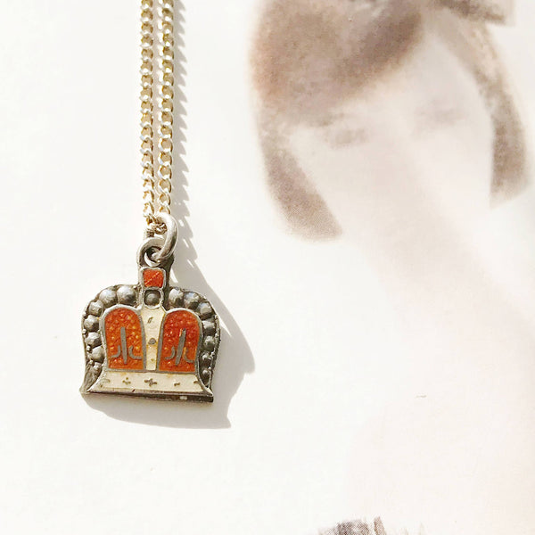 Art Deco crown charm necklace | orange cream enamel Imperial crown small dainty charm | 1930's silver charm | King Queen crown necklace