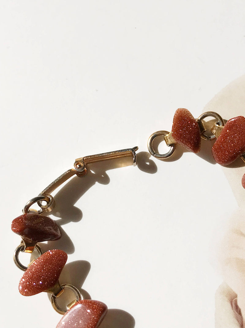 Vintage goldstone bracelet | red orange stone pebble link bracelet | orange glass bracelet | 1970's hippie boho bohemian bracelet