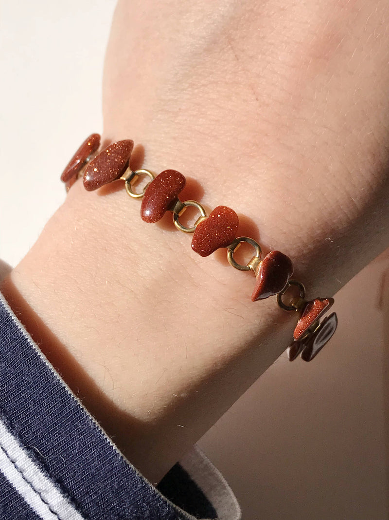 Vintage goldstone bracelet | red orange stone pebble link bracelet | orange glass bracelet | 1970's hippie boho bohemian bracelet