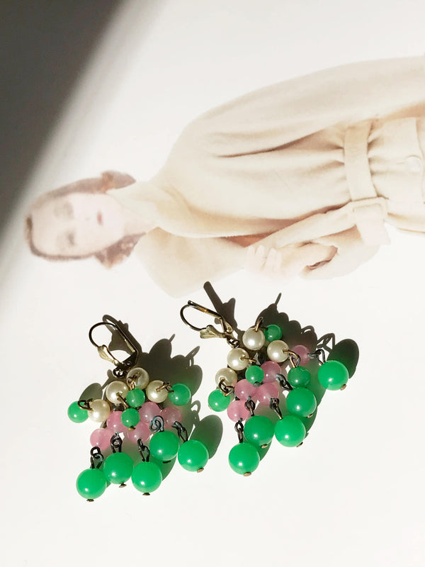 Art Deco dangle drop earrings | 1930's glass, faux pearl and brass statement earrings | flapper green, pink, cream dangly long earrings