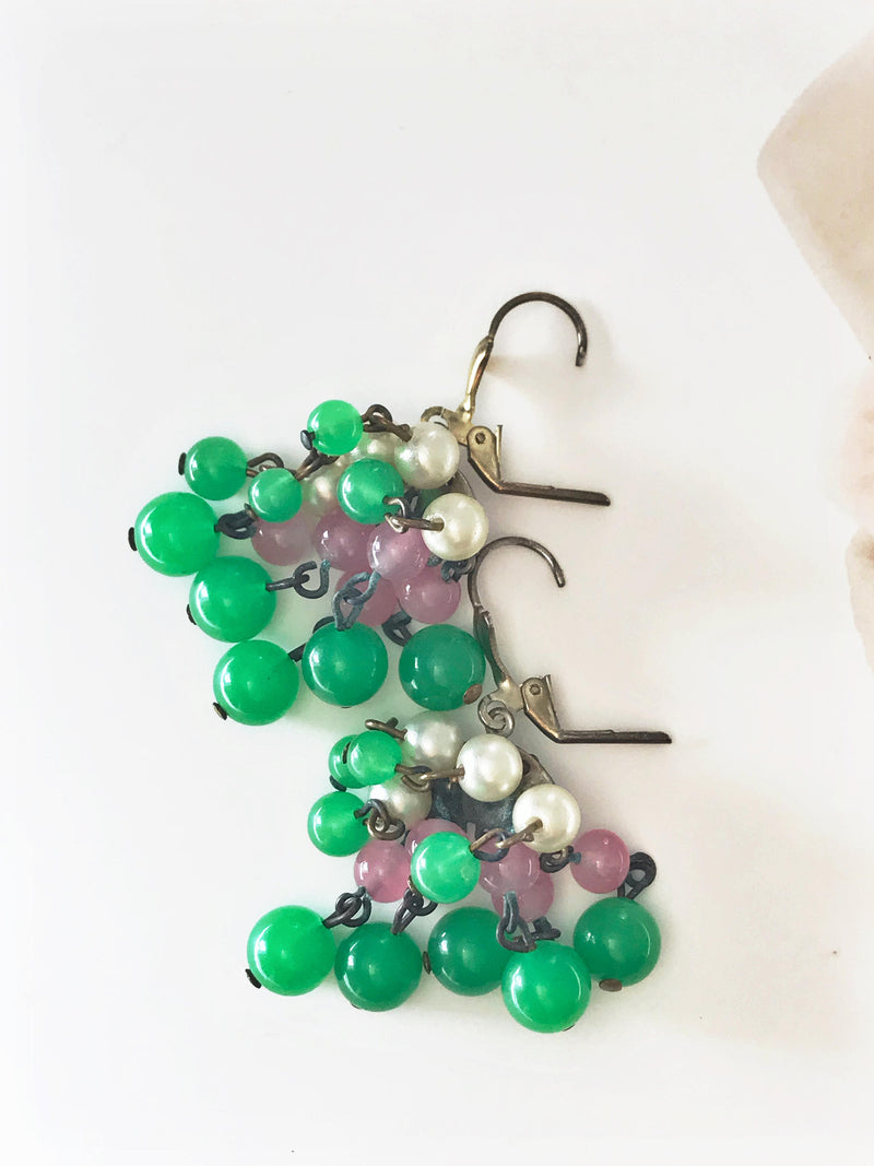 Art Deco dangle drop earrings | 1930's glass, faux pearl and brass statement earrings | flapper green, pink, cream dangly long earrings