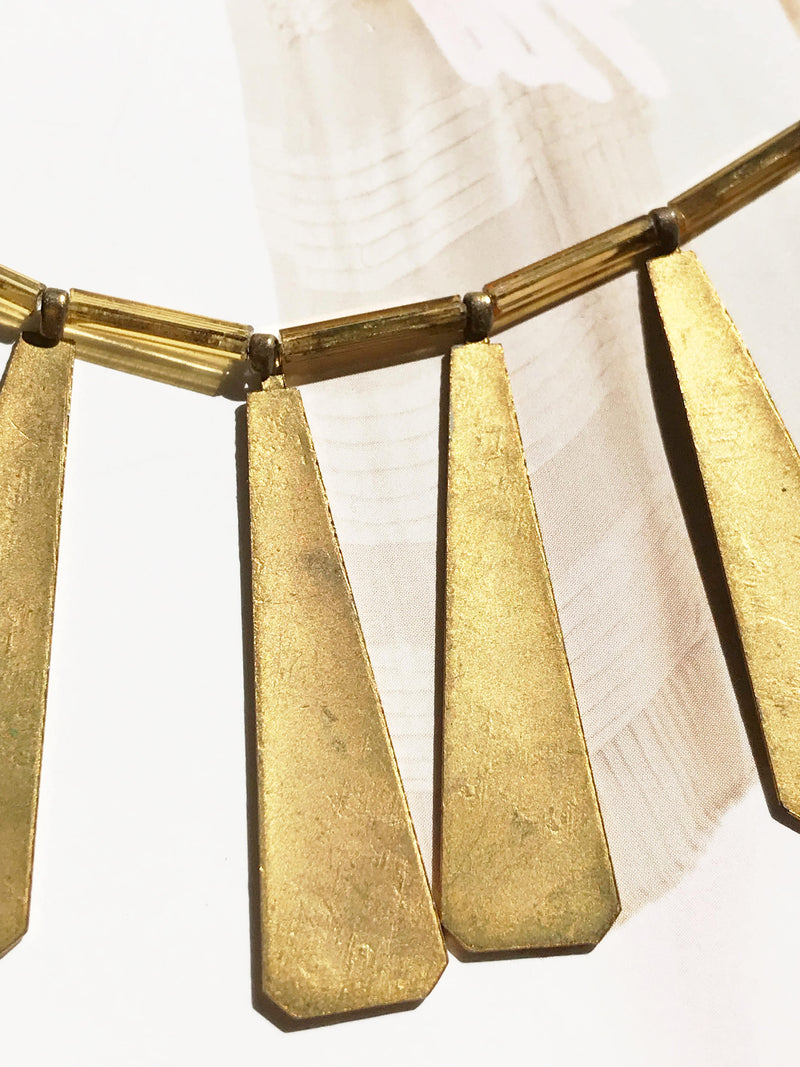 Antique 1930's glass and brass Egyptian necklace | gold Art Deco choker bib necklace | Egyptian revival pyramid geometric modernist necklace