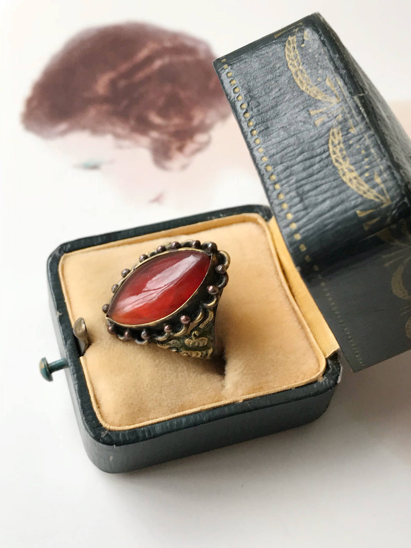 Vintage bohemian gypsy ring | 1970's simulated carnelian large orange stone ring | adjustable size costume pirate mermaid ring