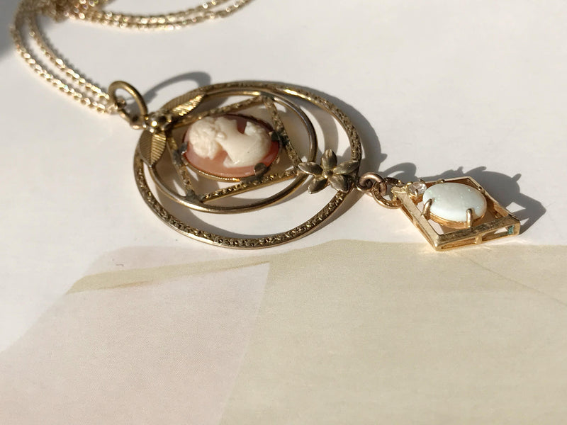 Vintage lavalier necklace | retro simulated opal, diamond and cameo lavalier bridal bride necklace | romantic statement necklace