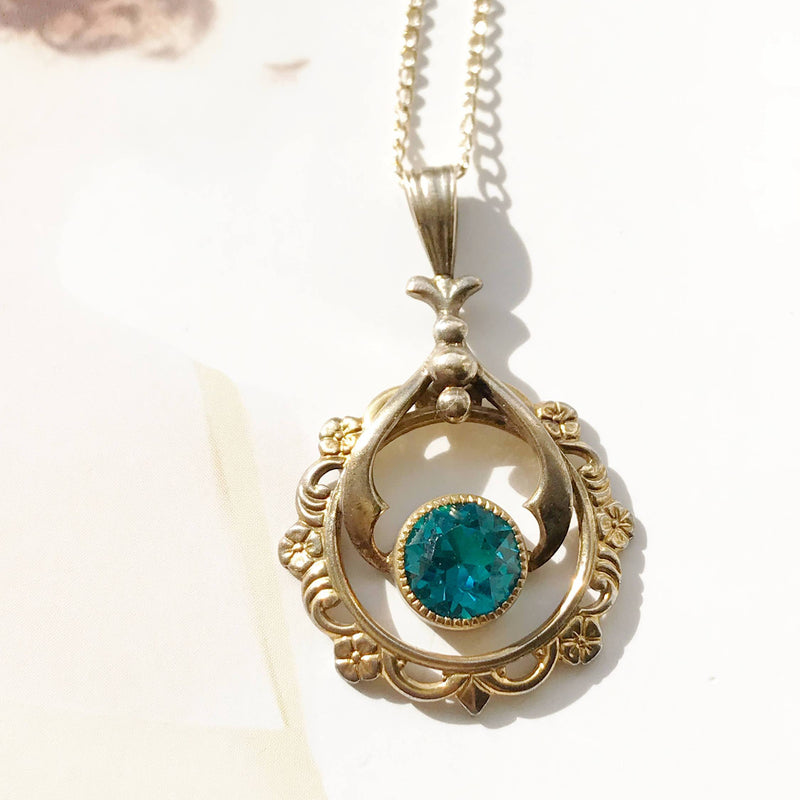 Vintage lavalier necklace | Art Deco blue glass flower pendant | turquoise teal blue crystal charm necklace | blue bridal necklace