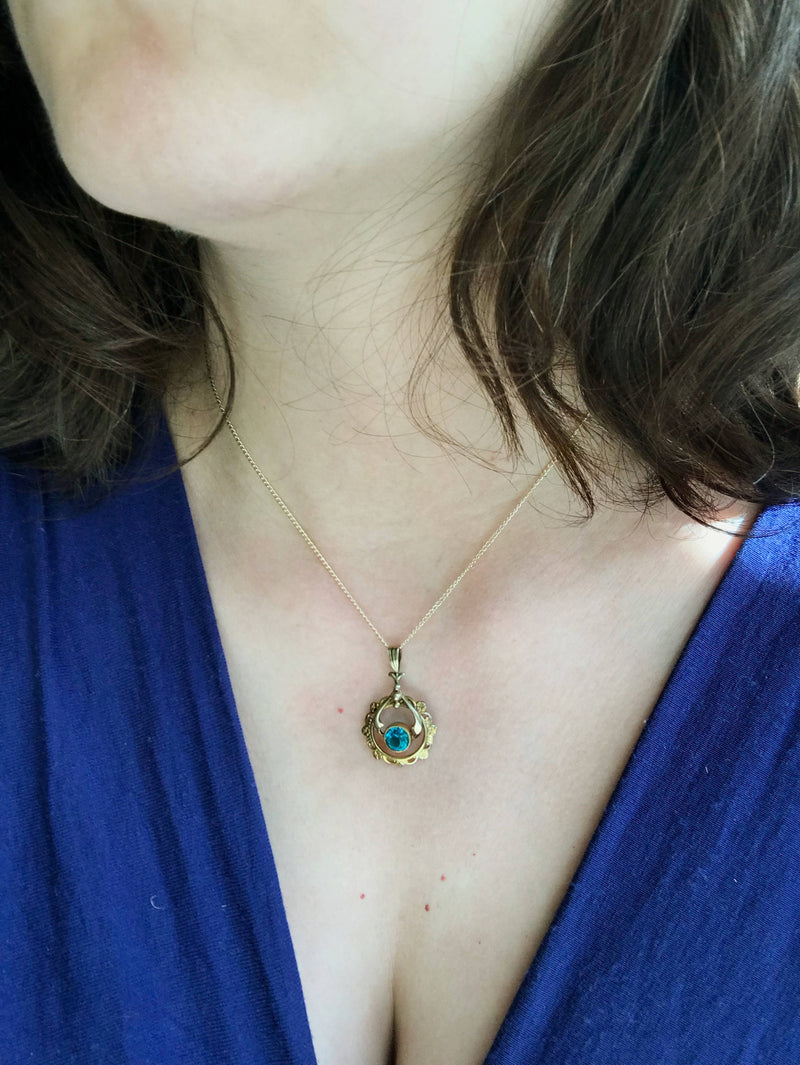 Vintage lavalier necklace | Art Deco blue glass flower pendant | turquoise teal blue crystal charm necklace | blue bridal necklace