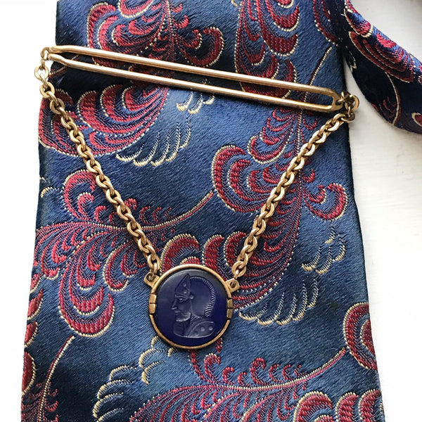 Vintage Swank tie bar | 1950's retro blue intaglio Roman soldier tie accessory | gift for him | gift for groom | men's fashion accessory